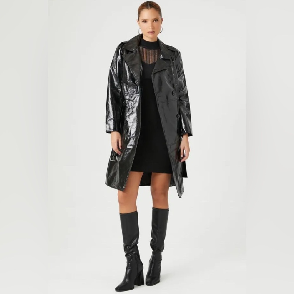 FOREVER 21 Faux Patent Leather Mini Trench Coat Jacket Double Breasted Black S